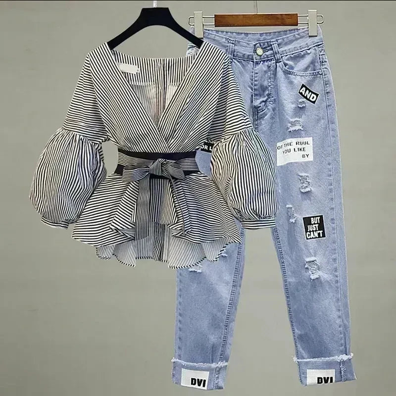 Maxy Women Elegant V-Neck Stripe Lantern Sleeve Bow Belt Trend Slim Chiffon Shirt Top And Korean Ripped Jeans Office Lady Casual Suit
