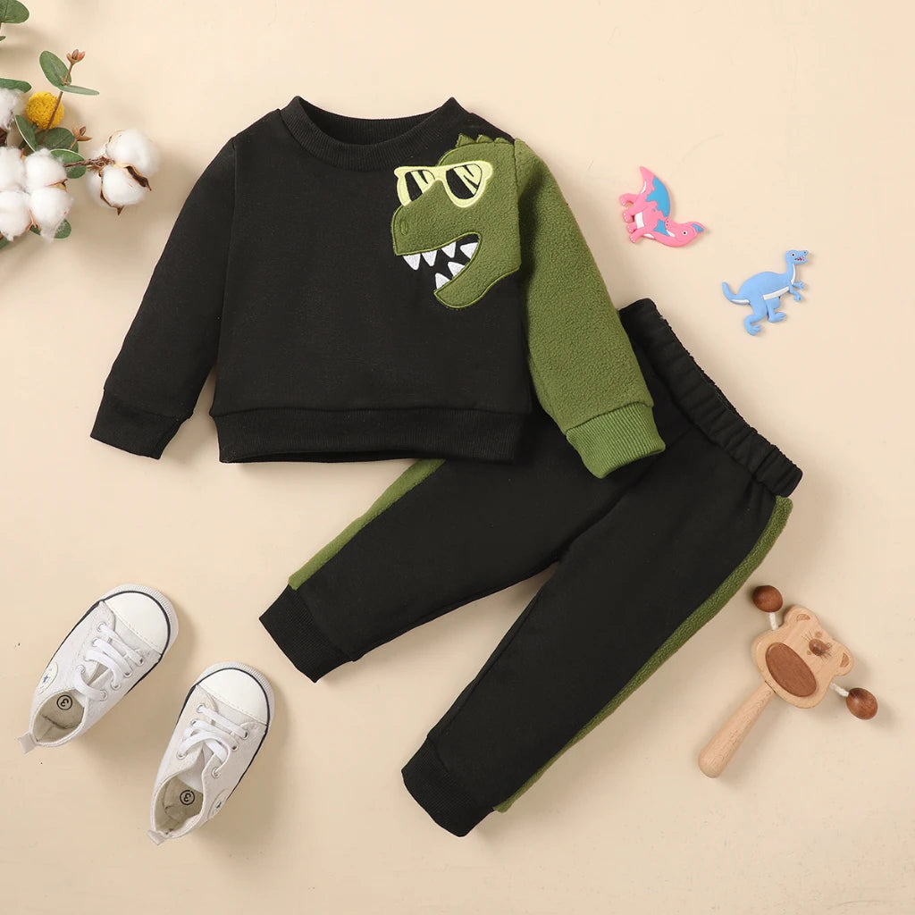 Babs 3-24 Months Baby Boy Clothes Set Long Sleeves Dinosaur Print Black Sweater+Pants 2PCS Clothing Autumn Winter Toddler Boy Outfit