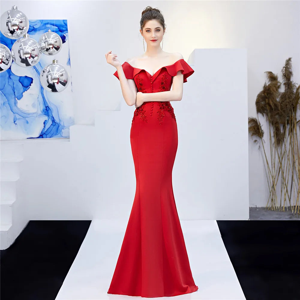 Maxy Customized Women's Elegant V Neck Floral Ruffle One Shoulder Evening Formal Maxi Gown Mermaid Bodycon Party Prom Wedding Dress