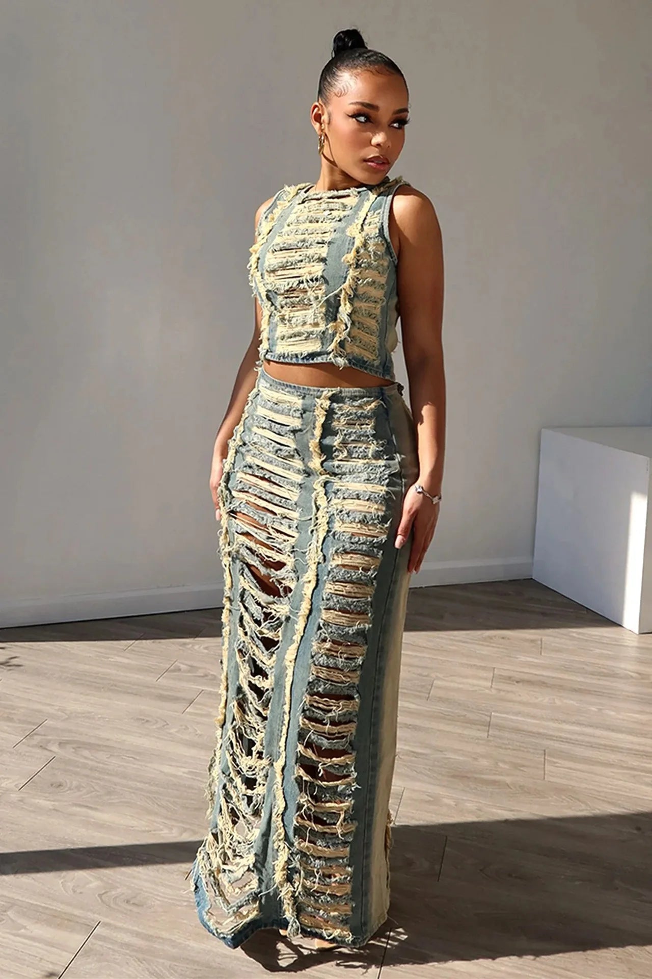 Maxy Women Sleeveless Crop Tank Tops and Split Side Maxi Skirt Streetwear Outfits Elegant Ripped Hole Denim Two 2 Piece Dress