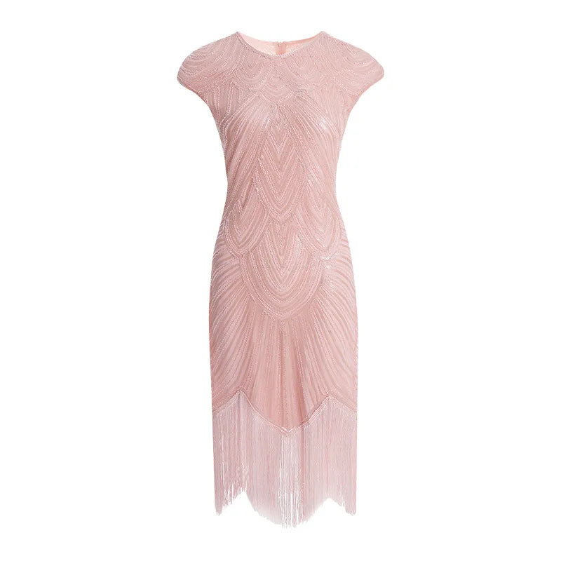 Maxy Vintage Glitter Evening Party Dress For Women Sequin Bead Embroidery Tassel Prom Gown Gala Dress Summer Art Deco Retro Black