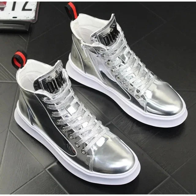 Amay Fashion Y2K boots for men shine leather metal decoration high top boot luxury shoes hairdresser Casual Male sneakers Botines