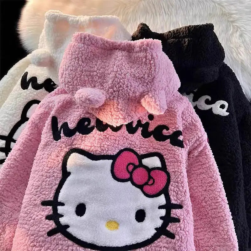 Maxy Hello Kitty Zip Hoodie Girl Loose Cardigan Coat Streetwear Women Clothes Oversized Sweatshirt Cardigan Plush Jacket Sweater