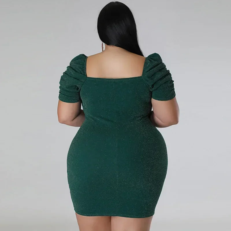 KEXU Sexy Glitter Plus Size Dresses Ruched Short Sleeve V Neck Slim Elegant Lady Party Dress Large Size Women's Evening Dress