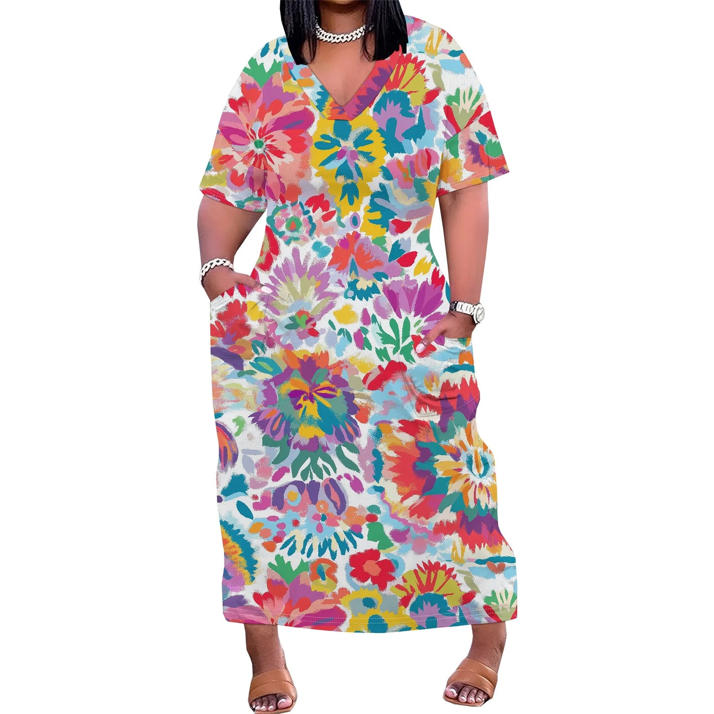 Maxy Plus Size Women Dress with Pockets, Short Sleeve Loose and Comfortable Long Dress for Beach, Party, Work, Spring