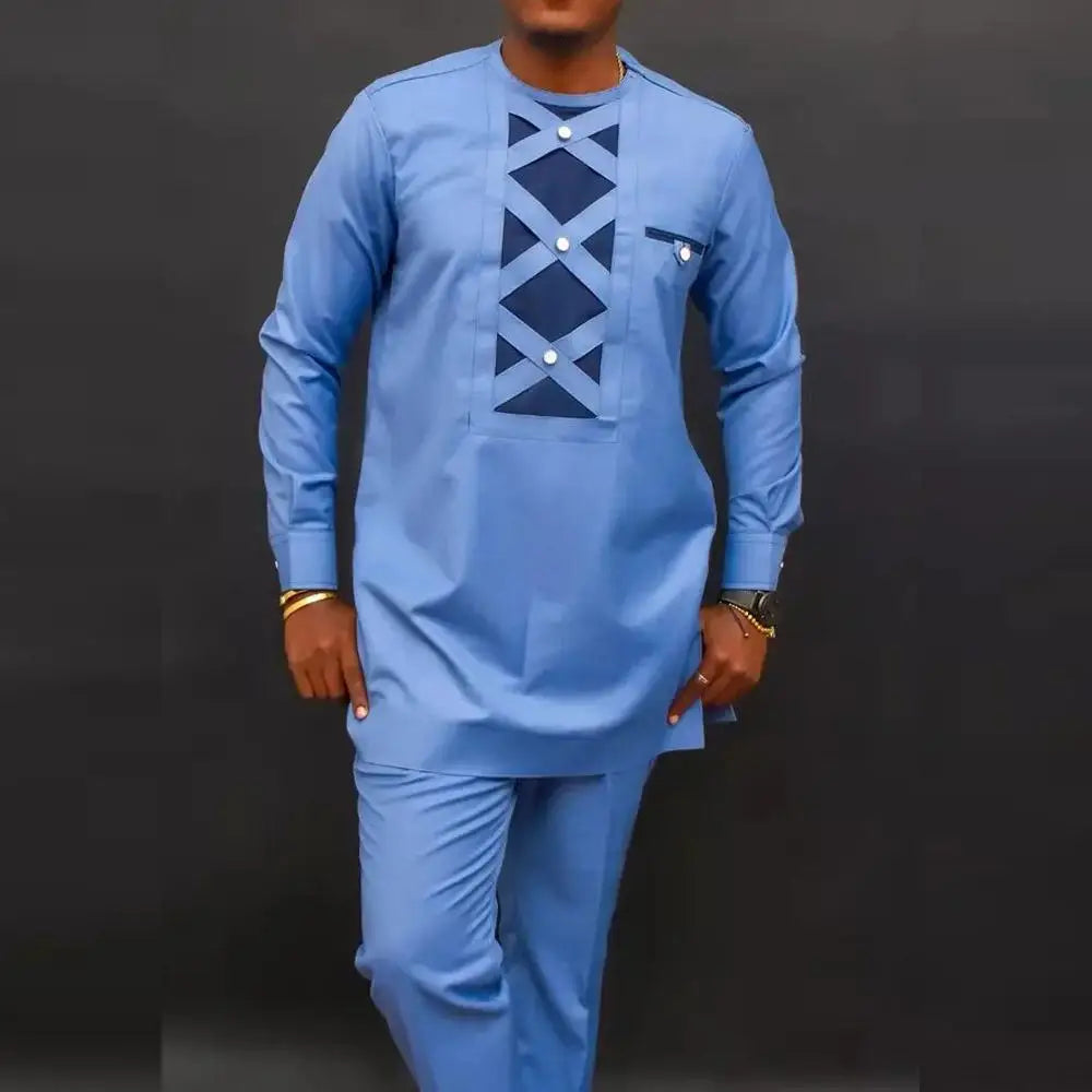Maxy New African Traditional Men's Set Round Neck Long Sleeve Yellow Luxury Two Piece Dashiki Wedding Party Festival Men's Suit