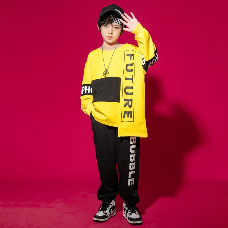 Maxy Kids Kpop Hip Hop Dancing Clothing 2 Tone Sweatshirt Top Streetwear Sweat Pants For Girl Boy Show Jazz Dance Costumes Clothes