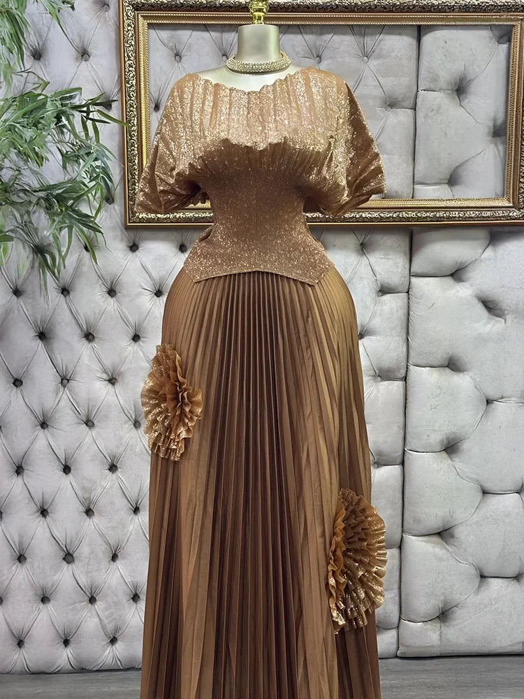 Maxy 2 Piece Women's Suit Elegant Plus Size Pleated Stretchy Glitter Top Skirt Dress Luxury Party Dress Long Prom