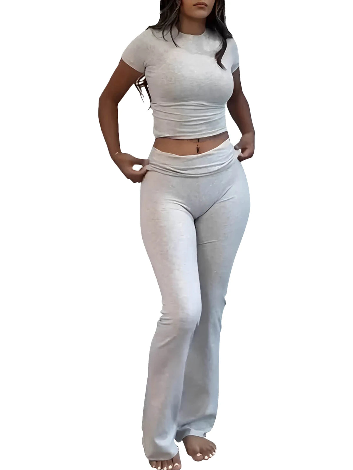 Maxy Casual Workout Two Piece Outfits for Women Short Sleeve Crop High Waist Foldover Flare Pants Tracksuit Sets Streetwear