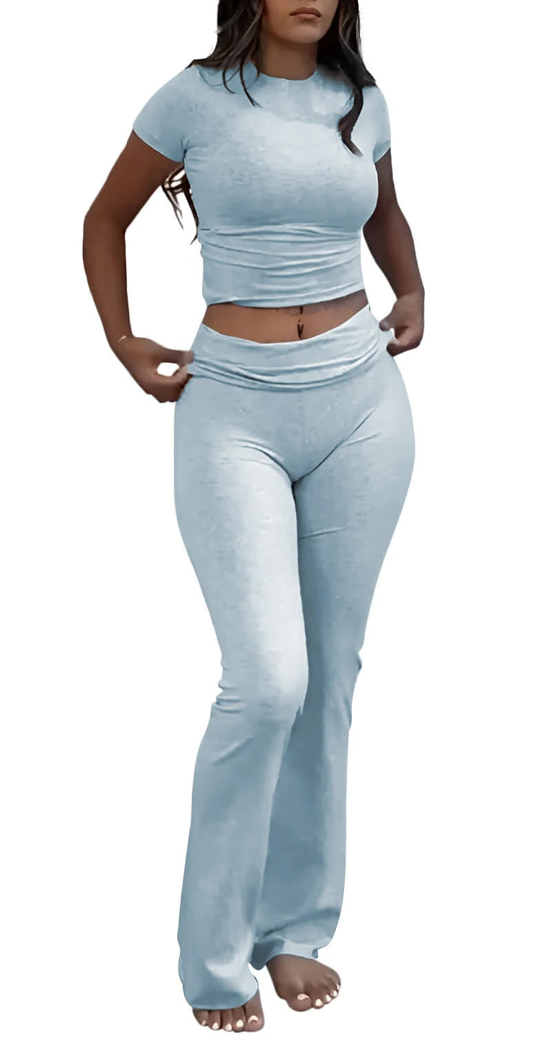 Maxy Casual Workout Two Piece Outfits for Women Short Sleeve Crop High Waist Foldover Flare Pants Tracksuit Sets Streetwear