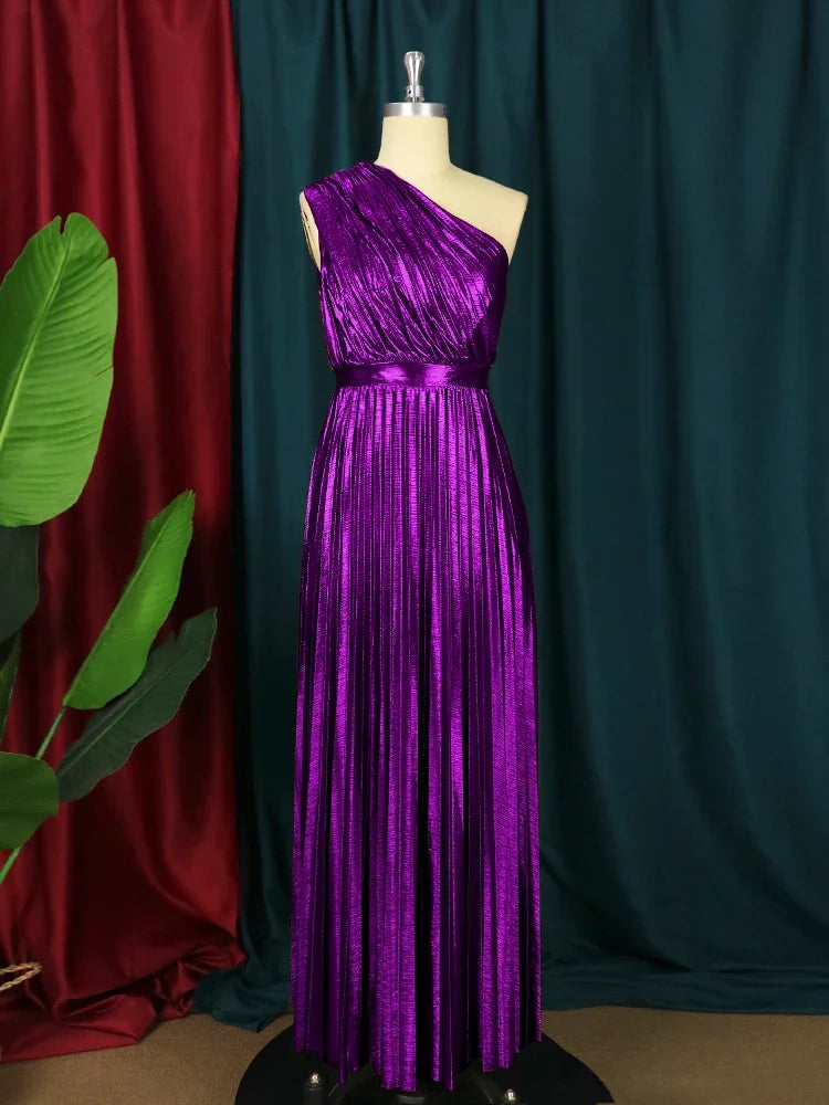 Amay Women Even Dresses Luxury Maxi Long Metallic Pleated Dress One Shoulder Sleeveless Premium Shiny Shimmer Gowns Big Size