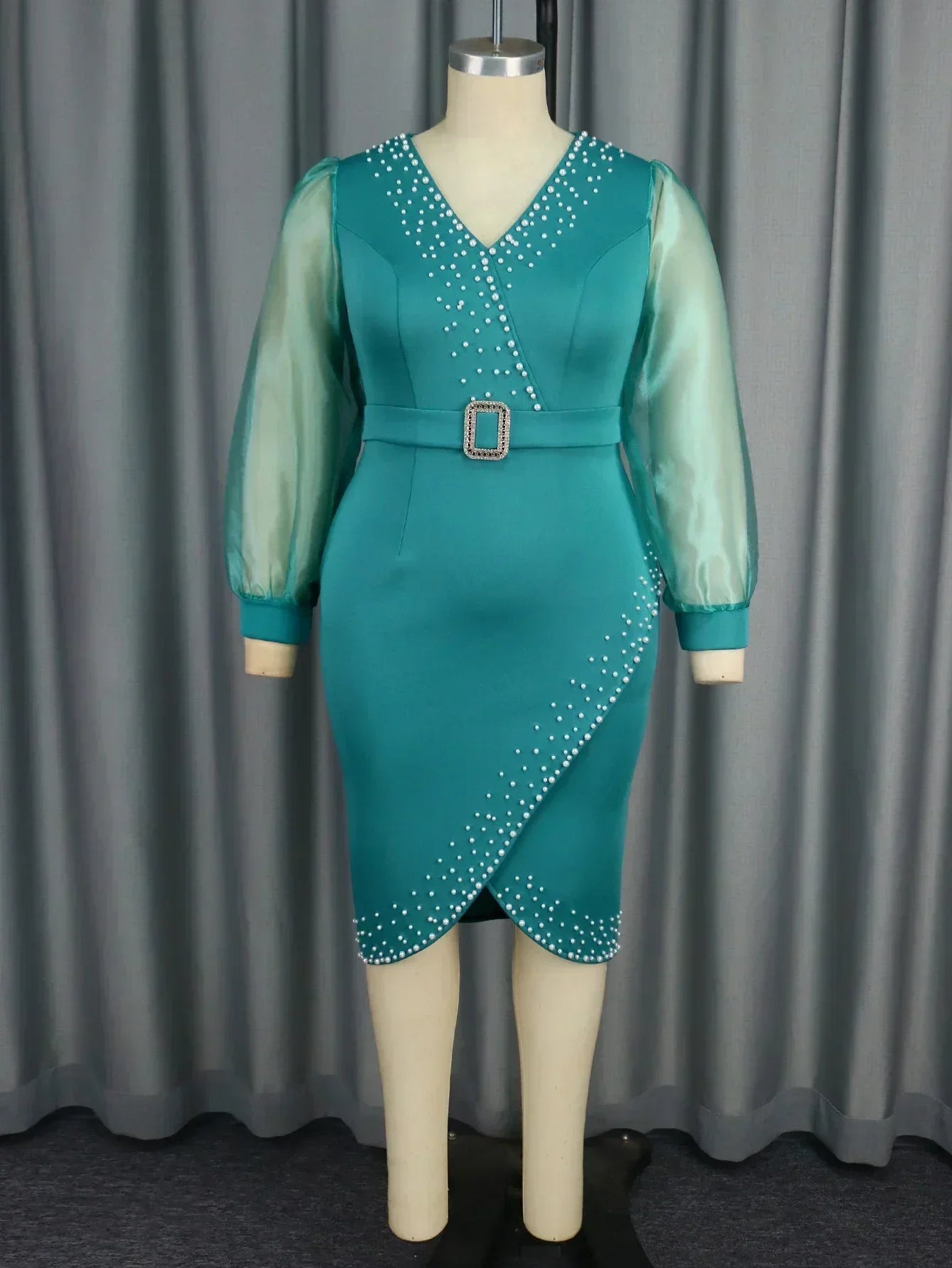Amay Women Luxury Beaded Evening Party Dress V-Neck Mesh Bubble Sleeves Slim Fit Pencil Midi Dresses Birthday Event Plus Size