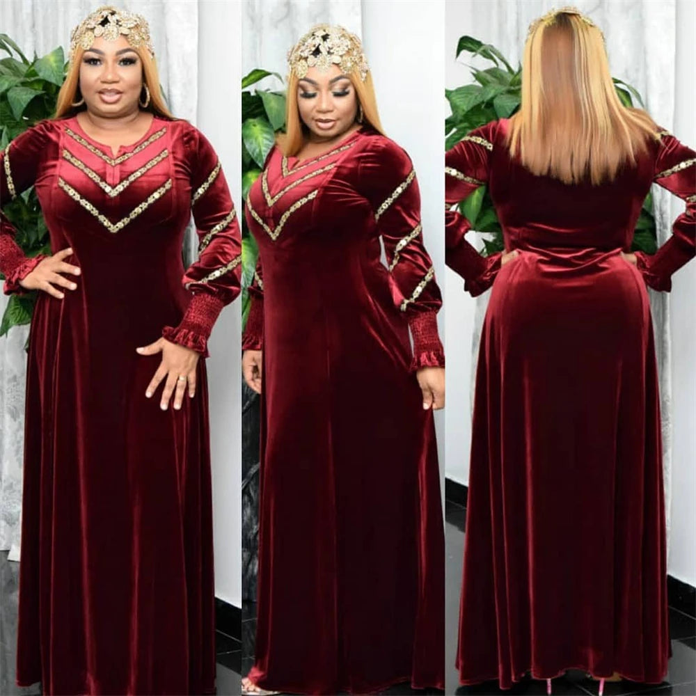 Plus Size African Dresses for Women Velvet Diamonds Evening Wedding Maxi Dress Kaftan Dubai Abaya Elegant Ankara Dashiki Robe