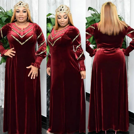 Plus Size African Dresses for Women Velvet Diamonds Evening Wedding Maxi Dress Kaftan Dubai Abaya Elegant Ankara Dashiki Robe