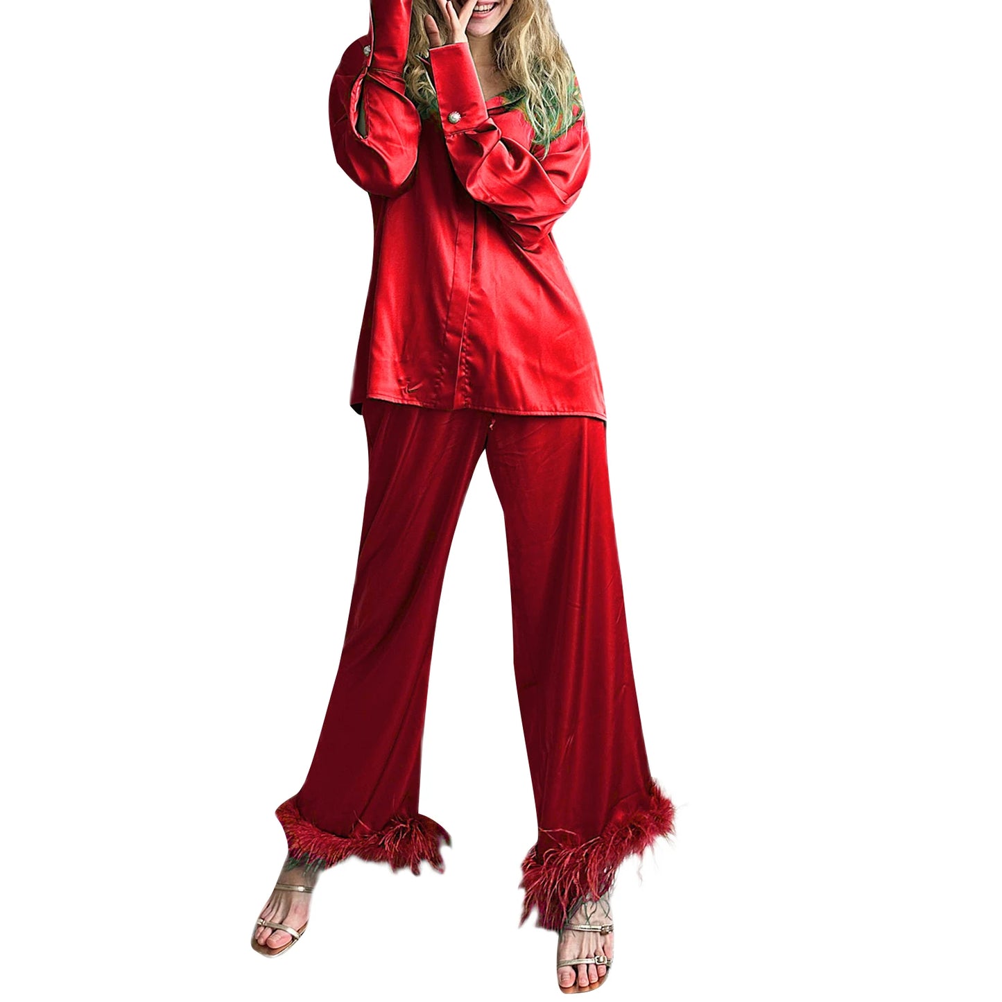 Women 2 Piece Pajamas Set Button Long Sleeves Shirt and Feather Cuff Elastic Pants for Loungewear Soft Sleepwear