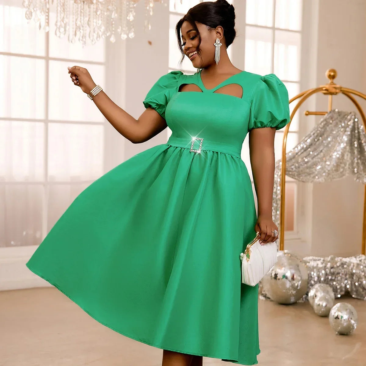 Maxy Bubble Sleeve High Waisted A-line Skirt Elegant Style Party Banquet Hollowed Out Collar Dress