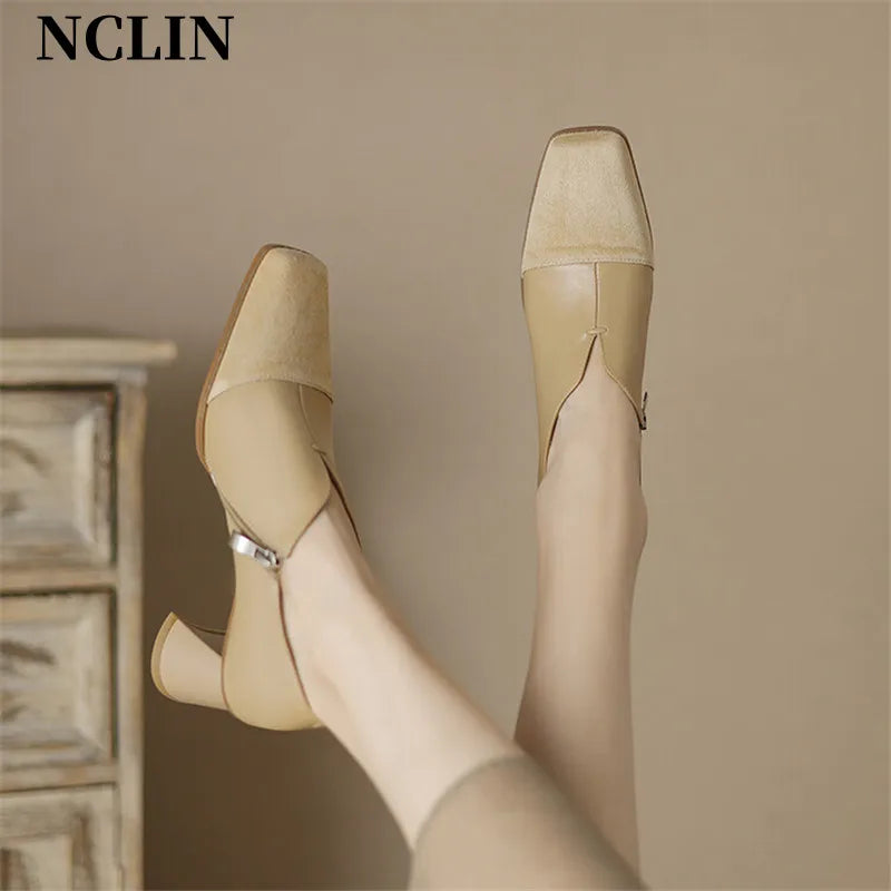Maxy Autumn Genuine Leather Loafers French Square Toe Chunky Heel High Heels Winter Women Pumps Shoes For Women Zaptos Mujer