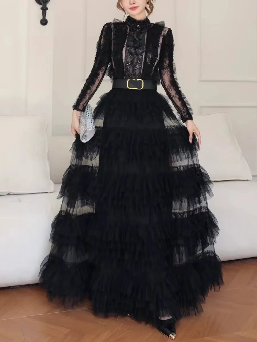 Amay Spliced Lace Hollow Mesh Dresses for Women Stand Collar Long Sleeves High Waist Slim Spliced Sashes Party Dress Female