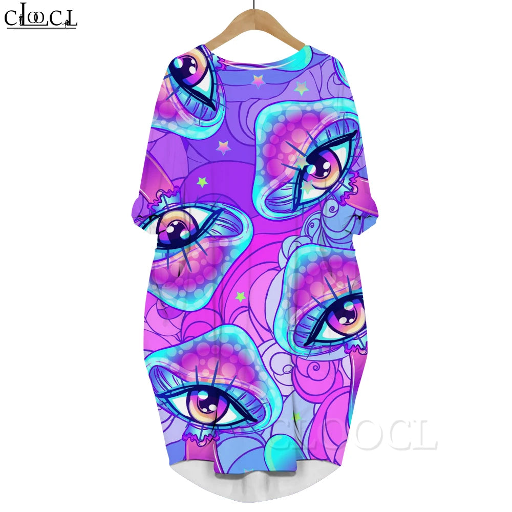 Macy Long Sleeves Dress Abstract Butterfly Graphics 3D Printed Party Dress with Pocket Mid-length Dress Oversized