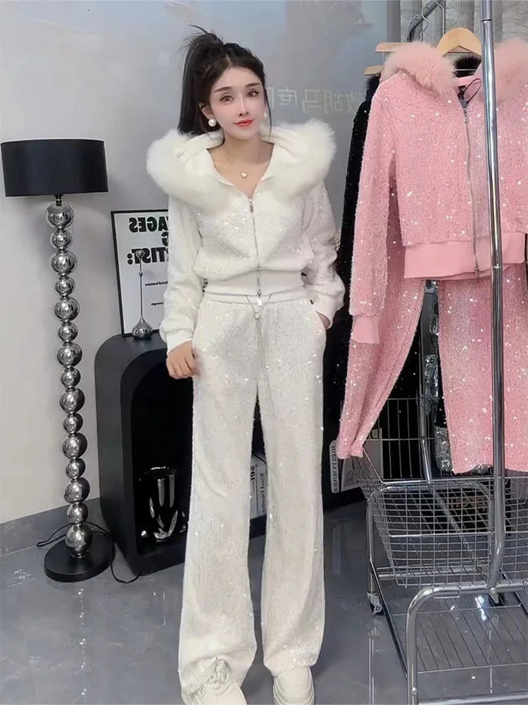 Maxy Fashion plush Casual set Autumn Winter design with fur collar sequin hooded sweater Coat and wide leg pants two-piece sets