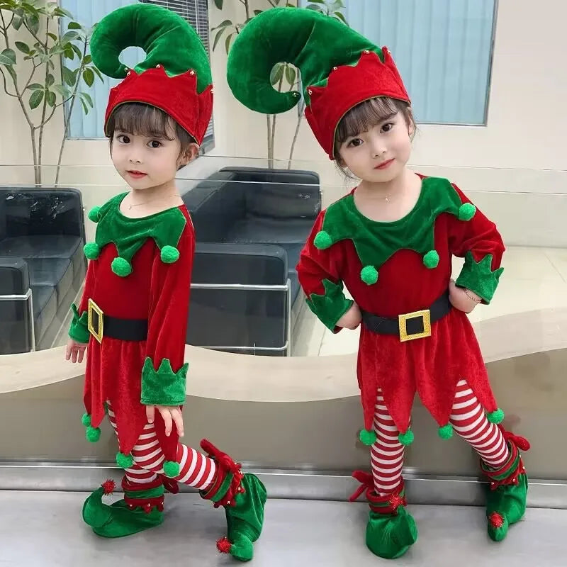 Maxy Costume For Kids Girl Green Santa Claus Suit Set with Hat Children Fancy Christmas Party Dress Set Performance