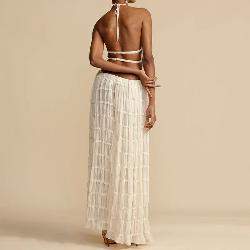Maxy Women Boho Sexy Backless Matching Suit 2 Piece Beach Holiday Outfits Vintage Ruched Halter Cami Tops + Maxy Long Skirt Party