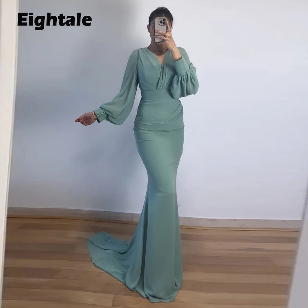Maxy Eightale Arabic Evening Dress for Wedding Party Chiffon V-Neck Customized Long Sleeve Mermaid Pleats Prom Gowns Celebrity Dress