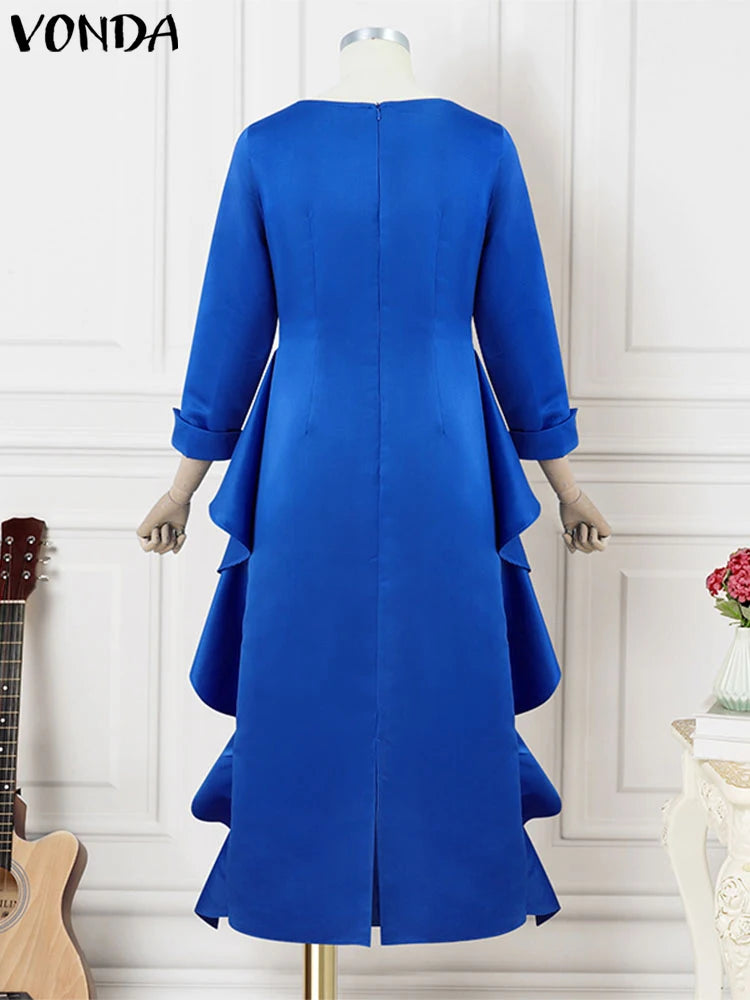 Maxy Plus Size 5XL Bohemian Long Dress Women Elegant Satin Dress Ruffle Sundress Casual Solid Color Robe