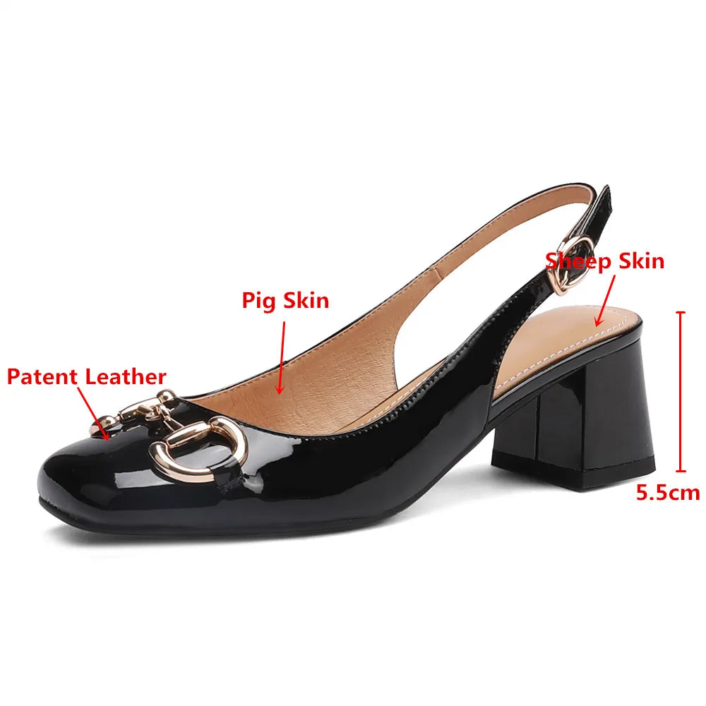 Amay new Women  Classic Metal Buckle Women Patent Leather Pumps Round Toe Thick Heels Slip On Plus Size 34-43 Spring Autumn Shoes