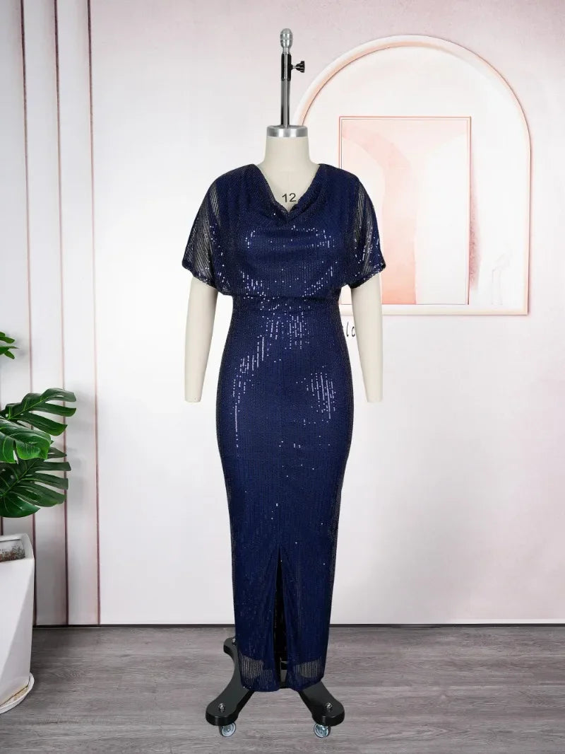 Maxy Plus Size L-3XL Fashion Evening Party Maxy Long Dresses African Glitter Large Size V Neck Women's Dress