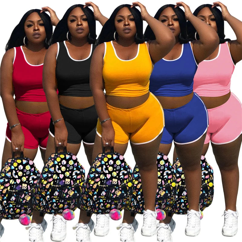 Maxy Plus Size Two Piece Set Women Wholesale Shorts Sets Solid Vest Short Leggings Super Stretch Jogging Suit Tracksuit