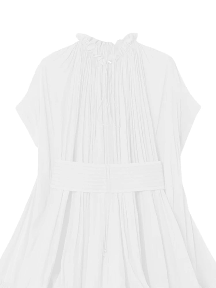 TWOTWINSTYLE Pleated A Line Dresses For Women Round Neck Short Sleeve High Waist Spliced Irregular Hem Solid Dress Female Summer