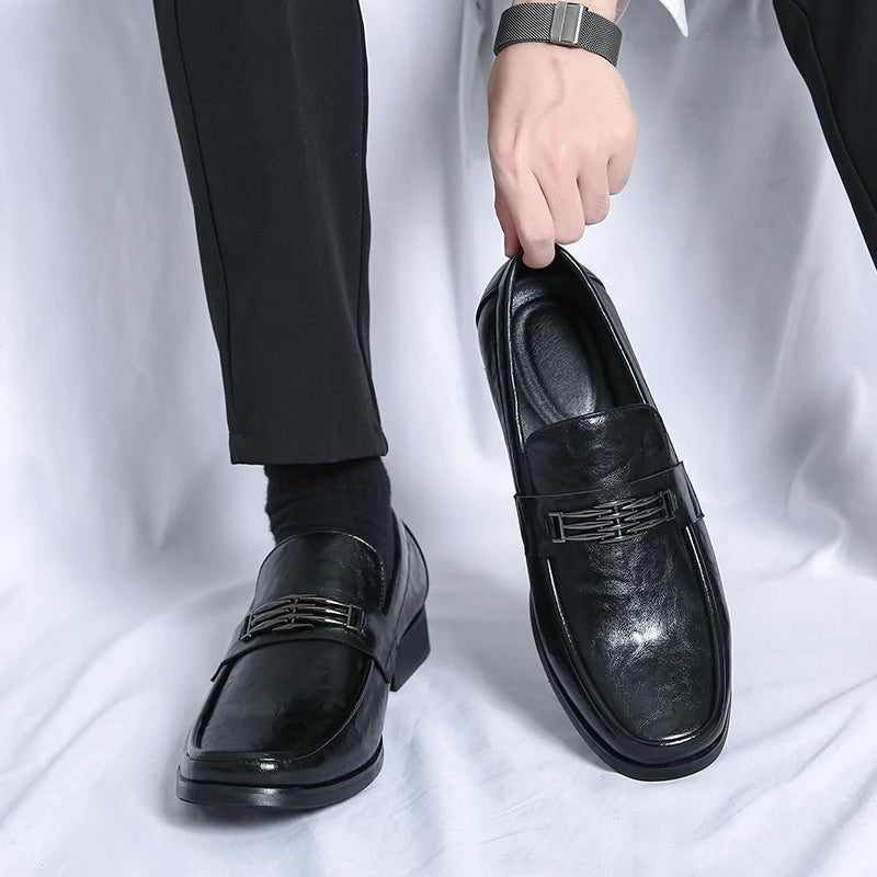 Amay Italian High-end Leather Slip-on Shoes Mens Business Dress Round Head British Slip-On Formal Casual Loafer Oxford Shoes Wedding