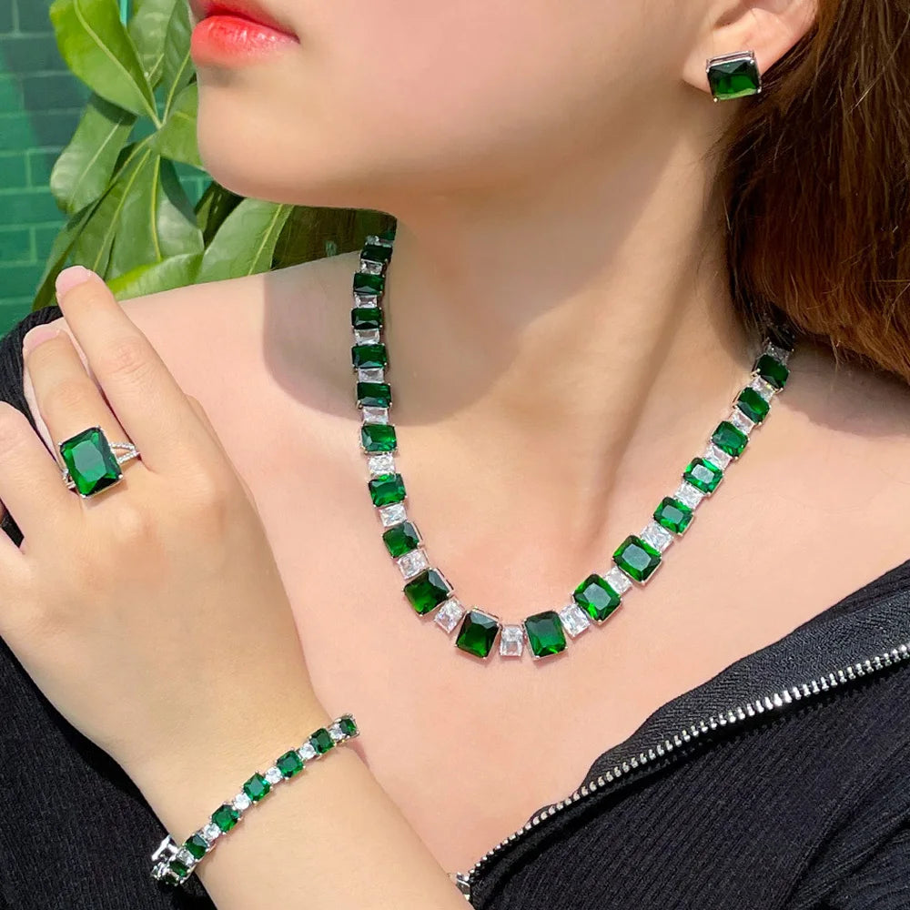 Maxy 4 pcs Luxury Dark Green Square Cubic Zirconia Nigerian Dubai Jewelry Sets Bridal Wedding Costume Accessories T624