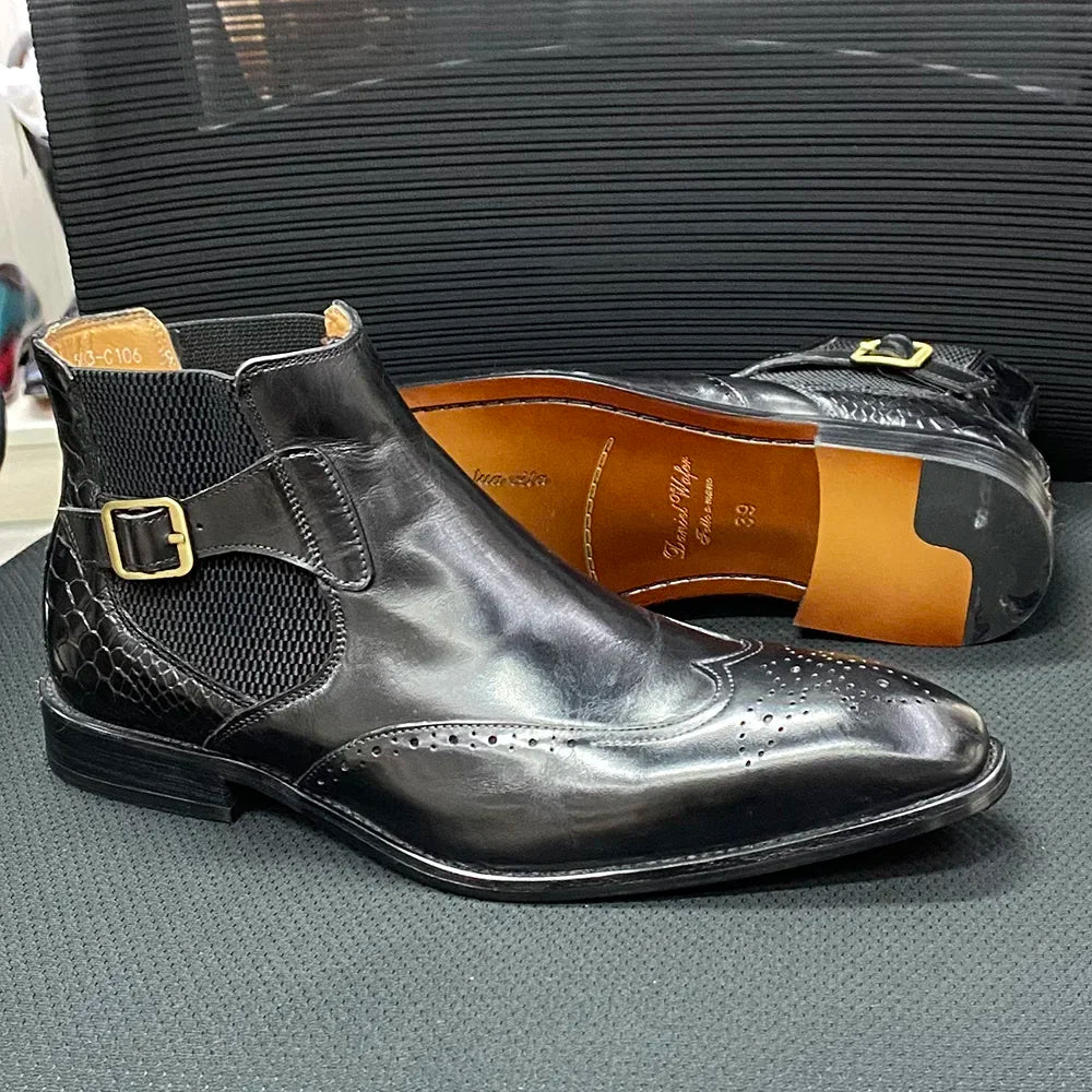 Visco Men's Real Cow Leather Ankle Boots, Slip on Buckle Strap Wing Tip Luxury Design Classic Dress Boots Handmade Basic Shoes for Men