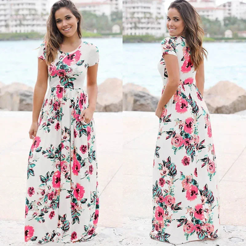 Maxy Women Summer Long Dress Floral Print Boho Beach Dress Ladies White Maxi Evening Party Dress Sundress