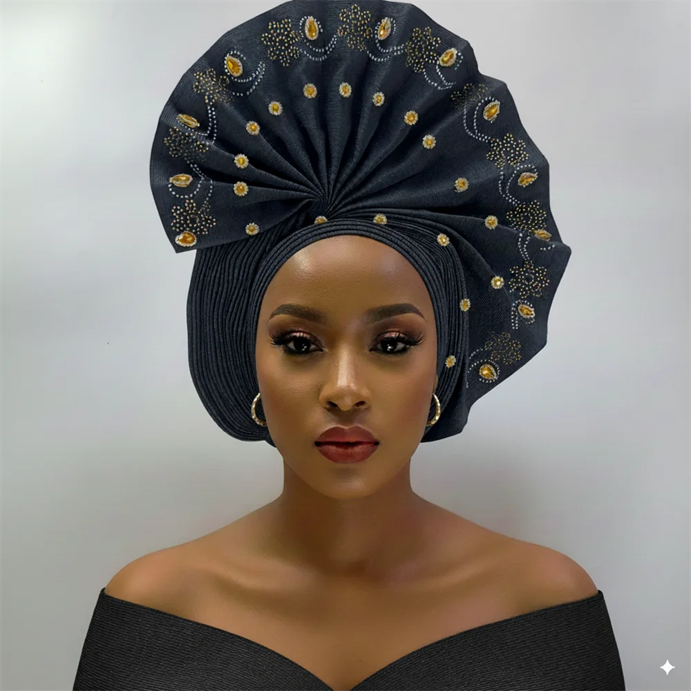 Maxy Head tie Gele Luxury Handmade African Gele Turban with Stones Women’s Head Wear for Party Wedding