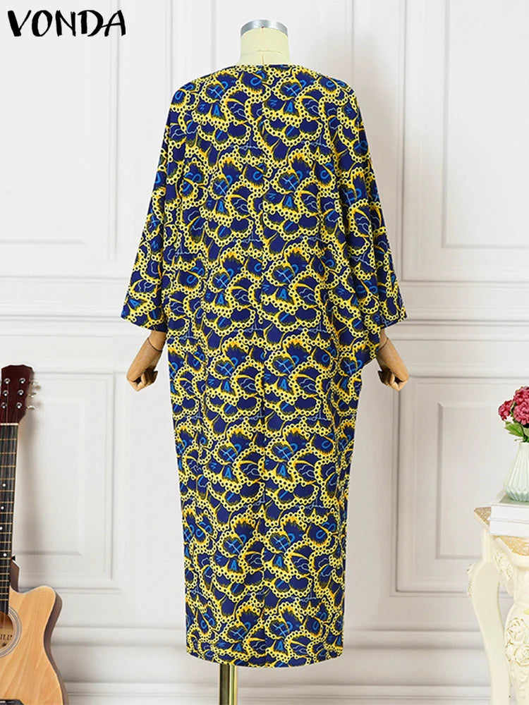 Maxy Plus Size 5XL Bohemian Printed Maxy Long Dress Women Vintage Flare Sleeve Vestidos Elegant Party Sundress Casual Robe