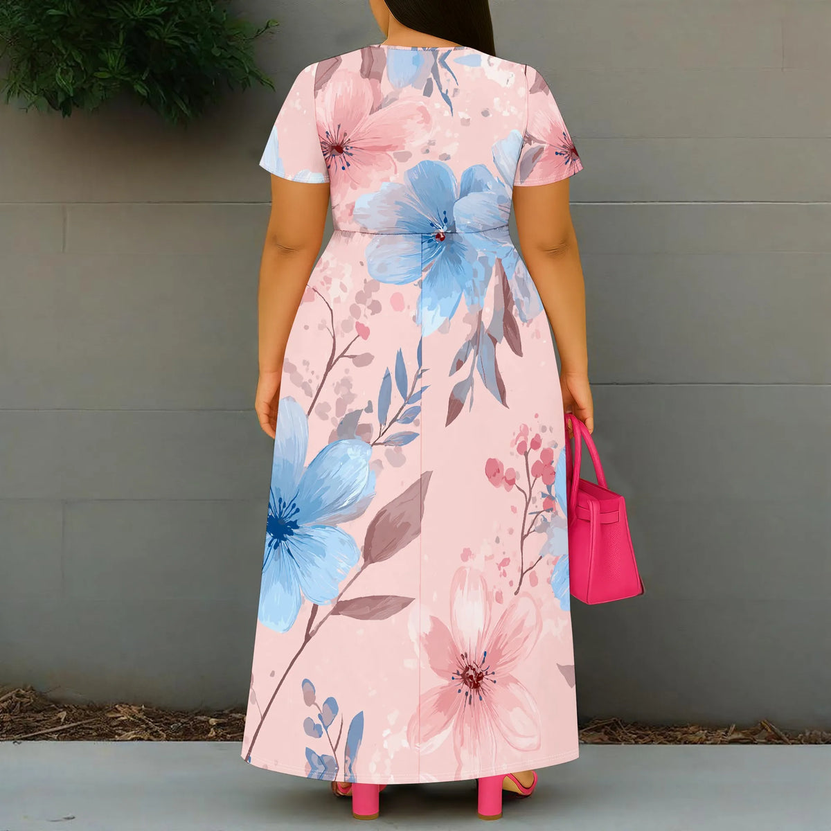 Maxy Pink Blue Floral Plus Size Dress XL-6XL V-Neck Short Sleeve Maxy Style with Slit for Garden Party, Brunch or Spring Wedding Look