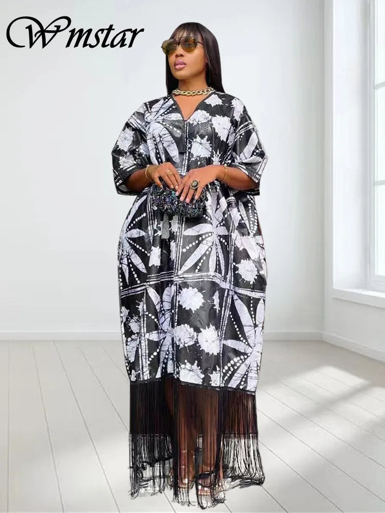 Wmstar Plus Size Dresses for Women New In Summer V Neck Printed Short Sleeve Loose Tassel Maxi Dress Wholesale Dropshipping 2023