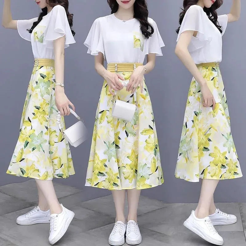 Maxy Women's Suits Summer New Fashion Casual Slim Temperament Floral T-shirts Skirts Female Two Piece Sets SJ431