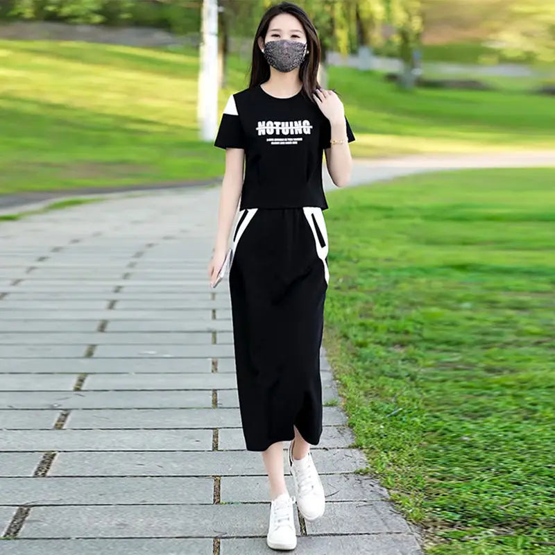 Maxy Skirt Short Sleeve 2 Pieces Sets for Women Kawaii Commuting Woman Outfit Gray Lightly Cooked Printing Midi Cotton Top and Bottom