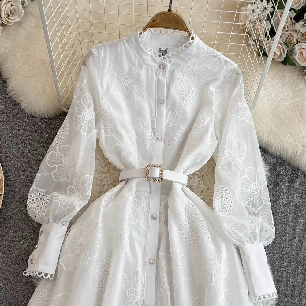 Amay Luxury Vintage Women Embroidery Lace Hollow Out Spring Summer Stand Collar Lantern Sleeve Pearls Buttons Belt Party Evening Dres
