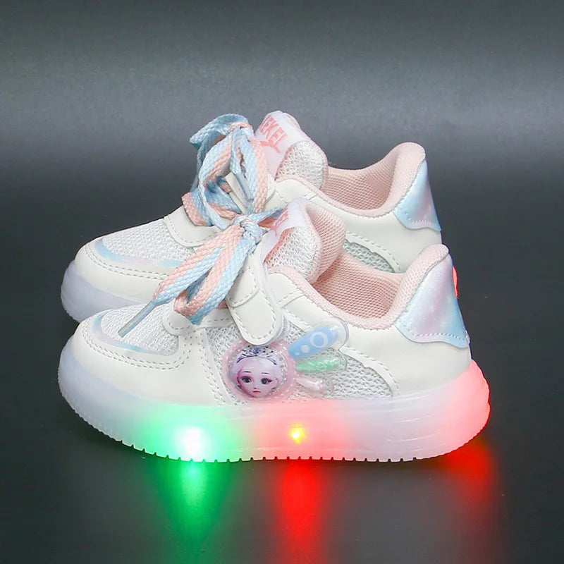 Maxy LED Kids Shoes for Girls Cute Cartoon Princess Elsa Baby Girl Kawaii Canvas Anime Shoes for Children Breathable Mesh Sneakers
