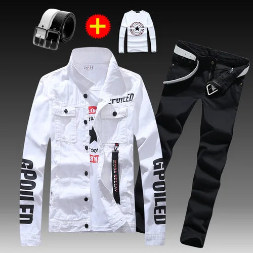 Visco Men's Slim Fit Denim Jacket Pants 2pcs Set Long Sleeve Coats Letters Printed Casual Large Size Black White Red Boys Trousers