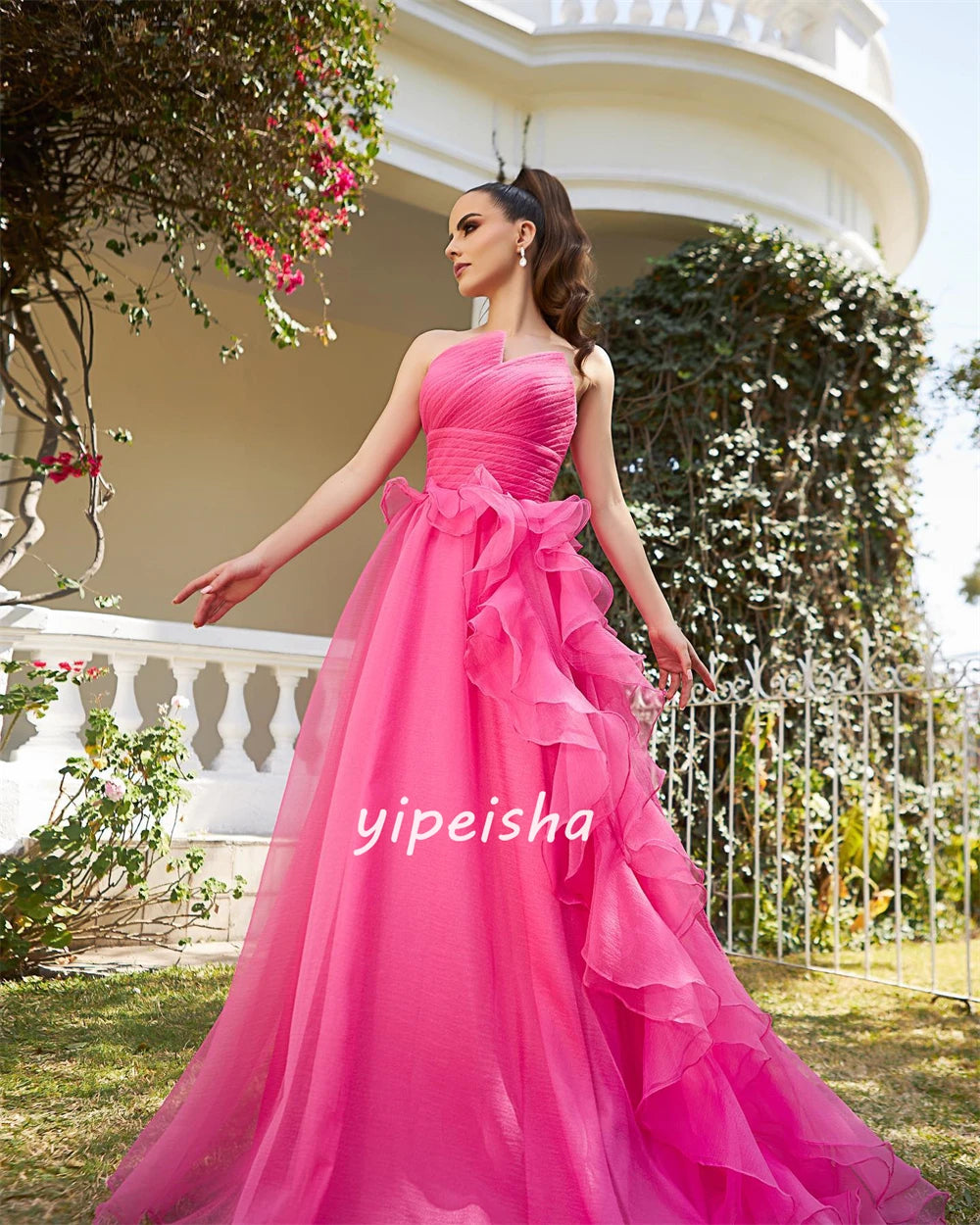 Maxy Customized Tulle Rached A-line Strapless Long Dresses Evening Dresses Formal Casual Simple Retro Fashion Elegant Exquisite