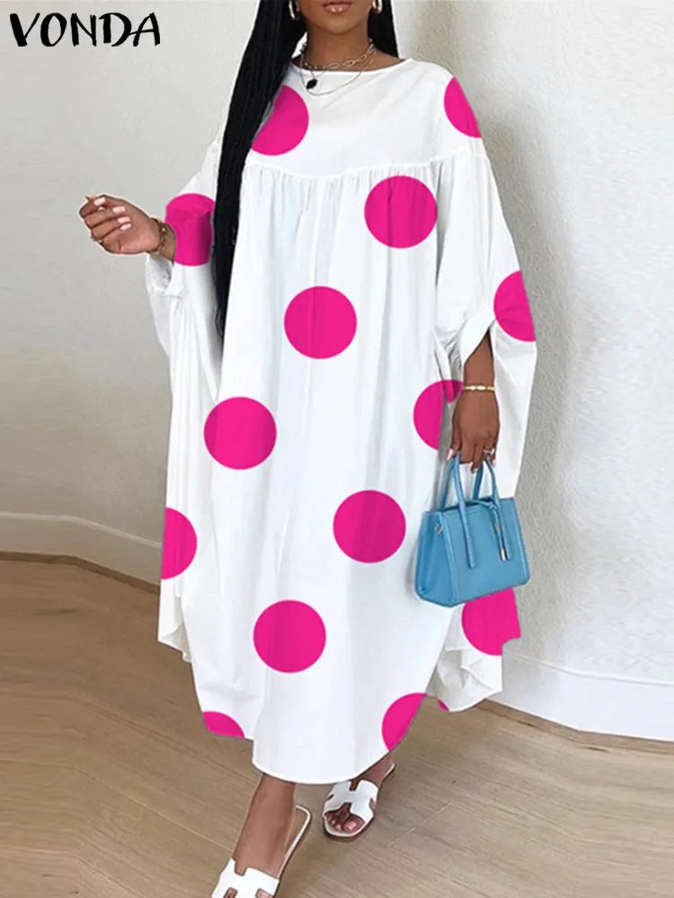 Maxy Plus Size Women Dot Printed Dress Bohemian Sundress Three Quarter Summer Party Vestidos Bat-wing Sleeve Casual Robe