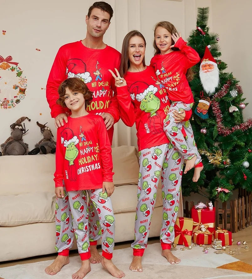 Maxy Xmas Family Matching Pajamas GREENCH Happy Holiday Letter Print Adult Kid Baby Family Matching Outfit Christmas Family Pj's