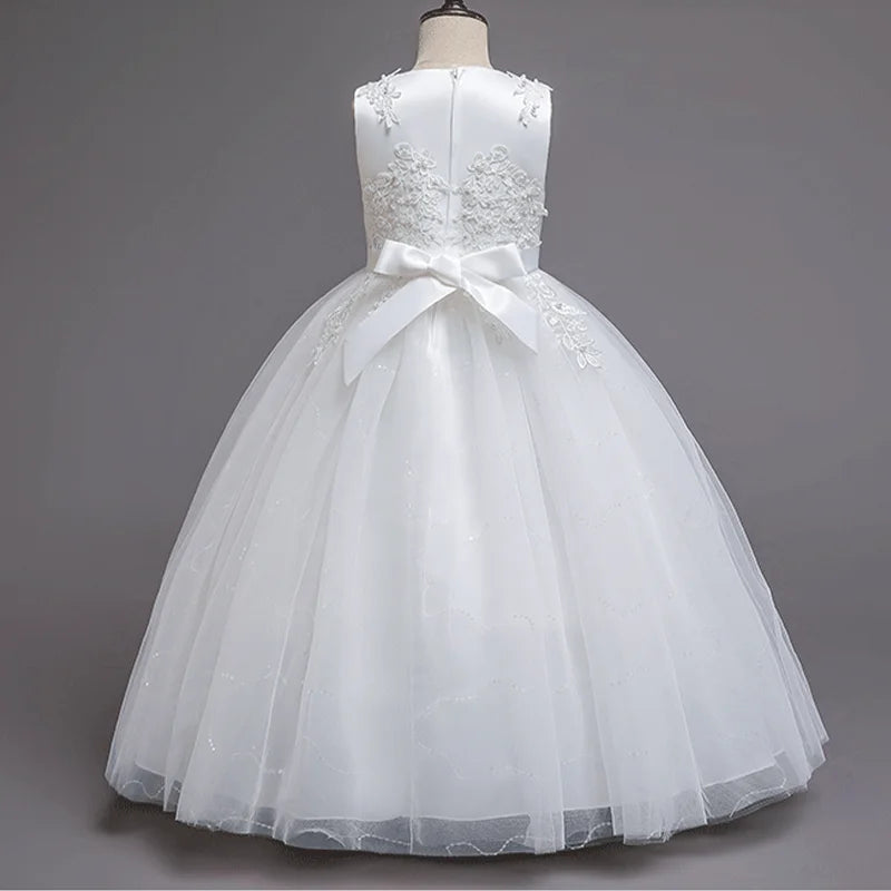 Maxy Princess Girls White Flower Princess Dress Teens Sequins Appliques Sleeveless Long First Communion Bridesmaid Wedding Formal Evening Gown
