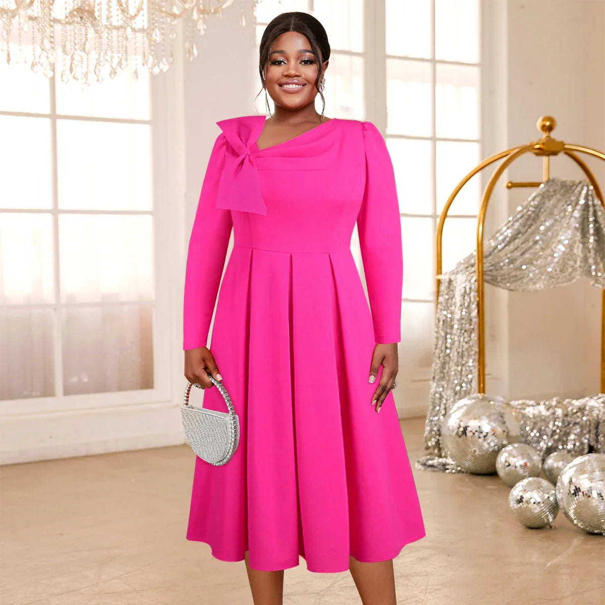 Rose A Line Dresses for Women Asymmetrical Neck Bowtie Long Sleeves High Waist Party Club Causal Elegant Simple Daily Ball Gowns